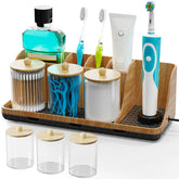 Parkmani bathroom counter organizer keeps toothbrushes and toothpaste neatly stored.