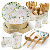 PartXcede Oh Baby sage-greenery dinner plates showcasing gold trim for elegant tables at unisex baby showers