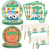 Party Greeting red brick wall plates for kid-friendly meals at parties.