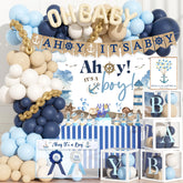 Party Inspo Ahoy Itβs a Boy backdrop for memorable baby shower photos.