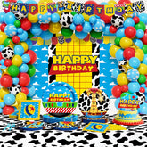 Party Inspo cartoon toy birthday backdrop enhances photos with a playful, themed setting.