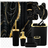 Patelai black marble shower curtain with 12 hooks for a tidy bath setup