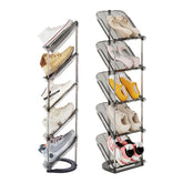 Patinao sloping narrow shoe rack front view demonstrates space-saving organization.