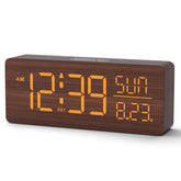 Peakeep wooden digital alarm clock with large display for easy viewing from across the room.