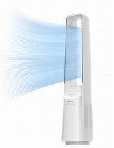 Pelonis bladeless tower fan front view showing safe design for families and pets.