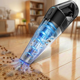 Pemacom handheld vacuum in action delivering a fast 15-minute cleanup across a large 120γ‘ room.