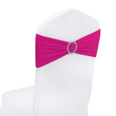 Peomeise fuchsia spandex chair sash with buckle slider for easy setup.