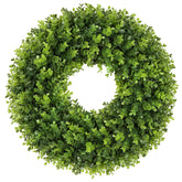 Petalyn boxwood wreath close-up showing vibrant leaves for year-round charm.