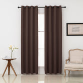Pickluc grommet blackout curtains front view, enhancing room darkness with chocolate brown fabric.
