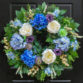 Pinkpuii 26-inch spring wreath with blue hydrangeas for front door decor