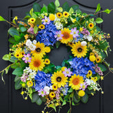 Pinkpuii 24-inch spring wreath with sunflowers and blue hydrangea for bright entryway decor