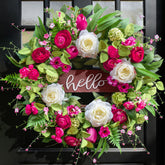 Pinkpuii Spring Wreath close-up with pink peonies and Hello sign, perfect welcoming decor.