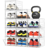 Pinkpum upgraded hard shoe box front view shows durable, stackable storage for easy sneaker organization.
