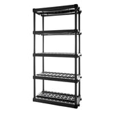Plano 5-shelf storage shelves, front view, showcasing sturdy organization for pantry or garage.