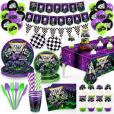 Planzivo truck birthday kit purple and green balloons brighten the party space.