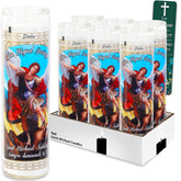 Platinum Series Saint Michael Archangel candles in glass for vigils and devotional ceremonies.