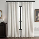 PleatedDrapes 100 blackout linen curtains close up shows pinch pleat silhouette for room darkening