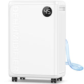 PLUSCENT 32-pint dehumidifier in basement setup reduces dampness and protects items