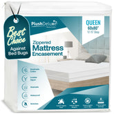 PlushDeluxe waterproof mattress encasement on queen bed protects against spills.