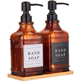 Pollock amber glass soap dispenser with pump for elegant bathroom decor.