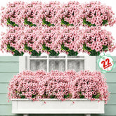 Powbrace 22-pack outdoor artificial flowers in pink for porch decor, UV resistant.