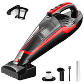 Powools pet hair vacuum with motorized brush removing fur from furniture.