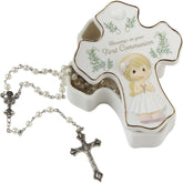 Precious Moments Blessings rosary box lid with First Communion figurine, ready for display.