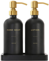 Prus Waso gold-black hand-dispenser-pump elevates bathroom style.