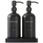 Prus Waso matte black soap dispenser set front view enhances modern kitchen decor.