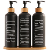 Prus Waso shampoo dispenser with bamboo pumps and tray for organized shower storage.
