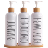Prus Waso shampoo dispenser with bamboo pumps on white tray for organized bathroom