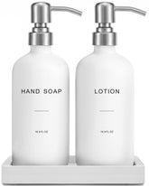 Prus Waso white soap dispenser hand with glass body for a clutter-free bathroom.