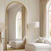 Prywot arched full-length mirror on stand enhances outfit checks and room brightness.