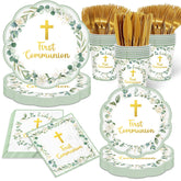 Pugipien green first communion plates set for elegant table decor and easy cleanup
