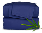 Pure Bamboo queen sheets in cobalt blue with silky-soft fabric and cooling feel.