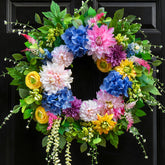PureCosy 24-inch front-door wreath featuring dahlias and gerberas for vibrant curb appeal.