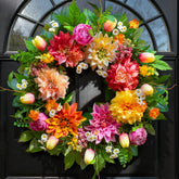 PureCosy Spring Wreath with dahlia greenery enhances front door curb appeal and seasonal charm.