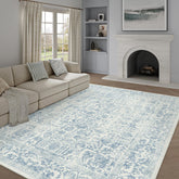 PureCozy Blue Area Rug close-up threads show soft pile and vintage pattern