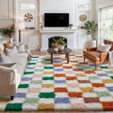 PureCozy checkered rug close-up pile shows luxurious softness and plush texture, great for living rooms.