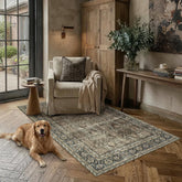 PureCozy Vintage Area Rug in brown entryway showing durable non-slip backing.