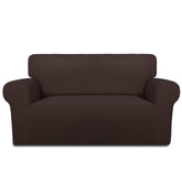 PureFit super stretch slipcover on a chocolate loveseat, fully protected from daily wear