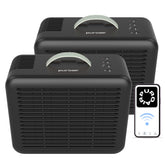 PuroAir 100i smart HEPA purifier removing pet hair and dander in a living room.