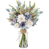Pusuny fake flowers in vase with blue and white dahlias for elegant centerpieces.