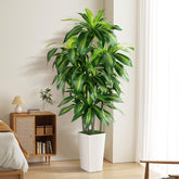 PUUKU artificial dracaena tree in white planter enhances living room ambiance.