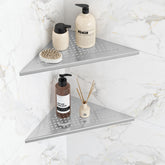 Qeke corner shower shelf brushed nickel 2-pack installed in a tiled corner for organized bath products.