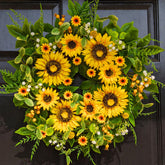 Qiexuxing sunflower wreath on the front door adds bright spring curb appeal.