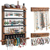 QILICHZ rustic wall jewelry organizer set neatly displays earrings and bracelets.