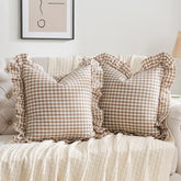 Qilunn plaid ruffle pillow cover close-up texture for rustic bedroom styling.
