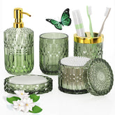 QIQU green glass bathroom dispenser showcases diamond-cut facets for a serene, organized sink