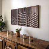 qmmp Modern Wooden Wall Sculpture Walnut Mountain enhances living rooms with natural grain warmth.
